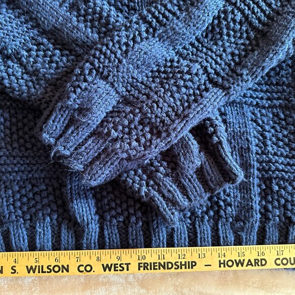 Handmade Handknit Basketweave Stitch Blue Chunky Mock Neck Textured Sweater W 2X - Picture 4 of 11